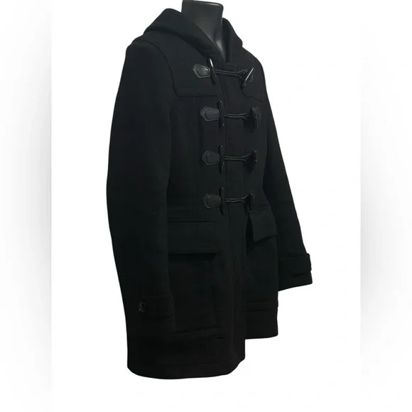Burberry Black Wool Duffle Coat with Toggle Closure & Nova Check